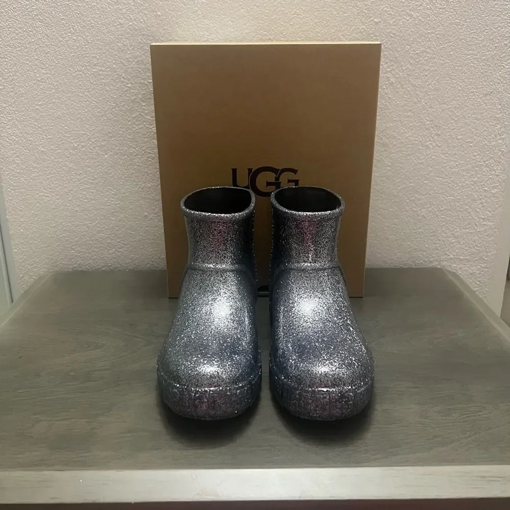 UGG Drizlita Glitter Ankle Rainboots Kids Sz 3 Gray PVC Upcycled Wool Waterproof
